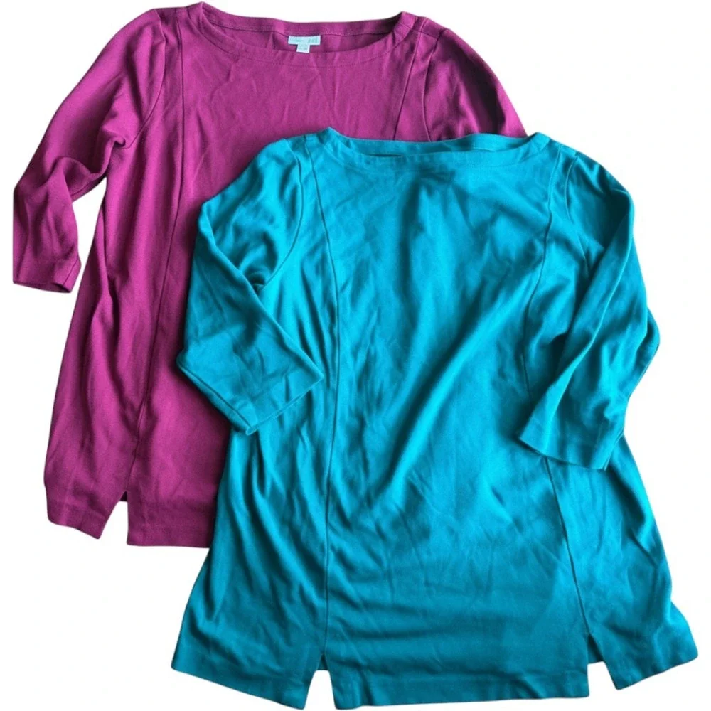 J. Jill Ponte Knit Tunic Lot 2 Magenta Teal Boat Neck 3/4 Sleeve Large Womens